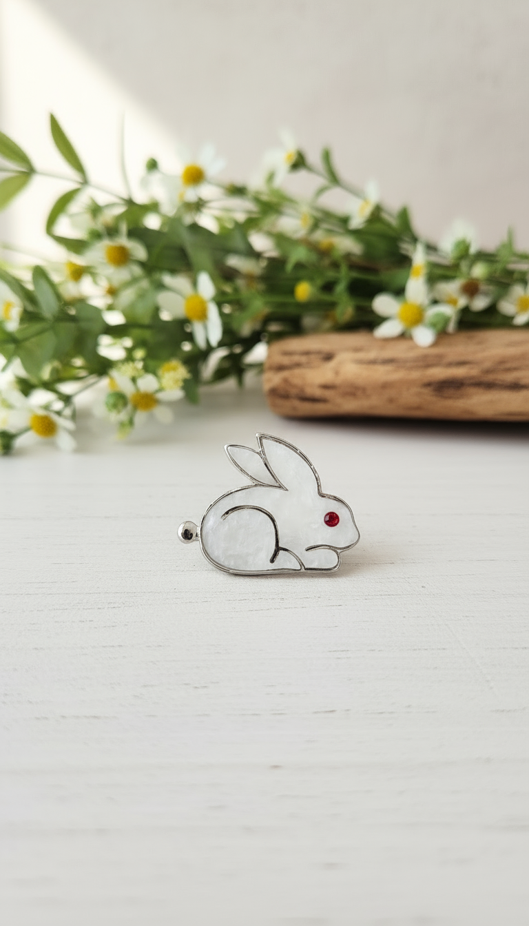 Sleek White Enamel Rabbit Pin with Ruby Eye
