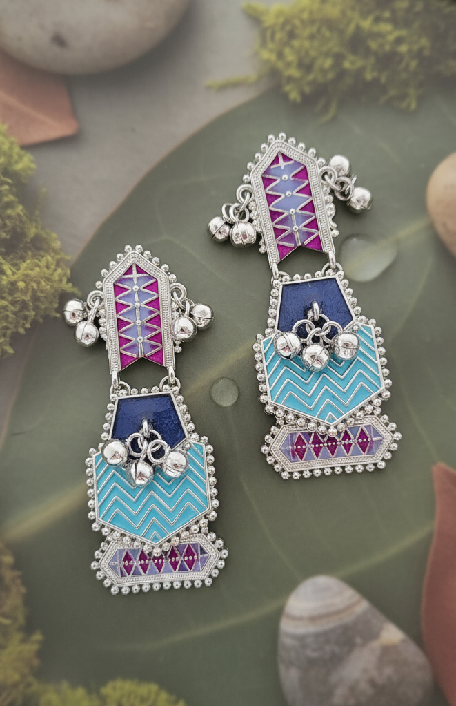 Layered Blue Enamel & Ghungroo Drop Earrings