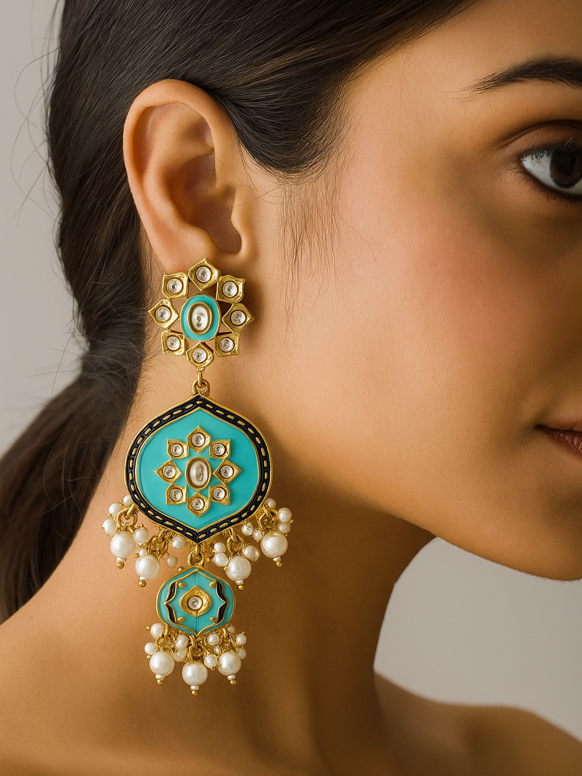 Turquoise Enamel Kundan Pearl Chandbali Earrings