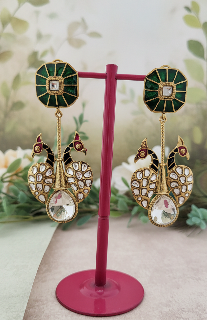 Meenakari Peacock & Polki Stone Dangle Earrings