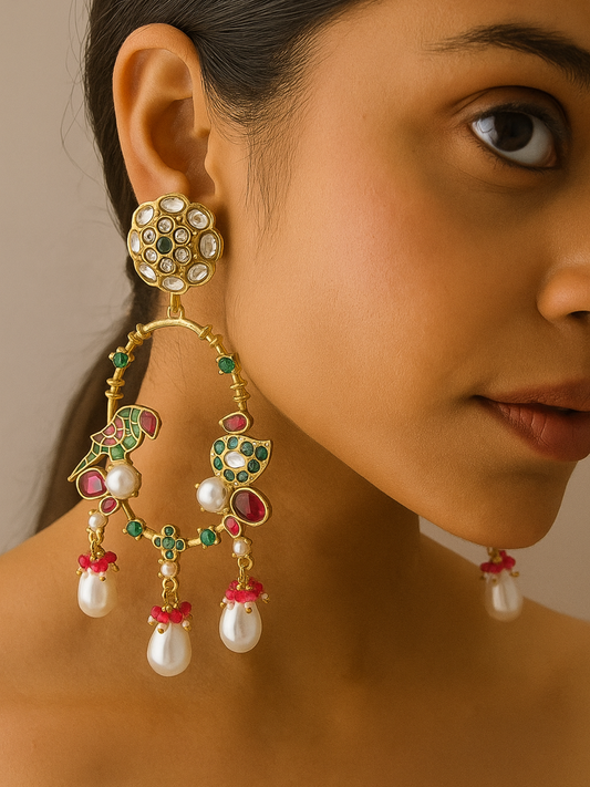 Regal Polki & Meenakari Chandelier Pearl Earrings