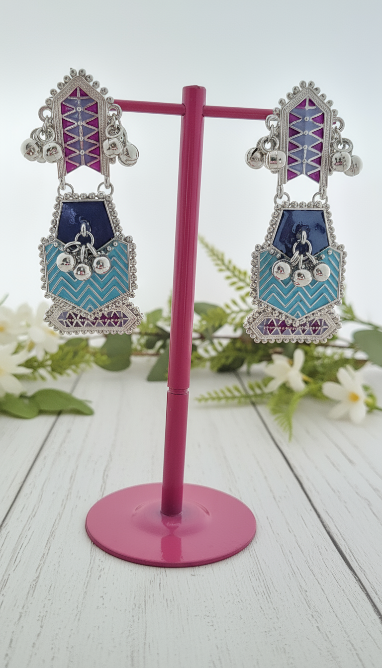 Layered Blue Enamel & Ghungroo Drop Earrings