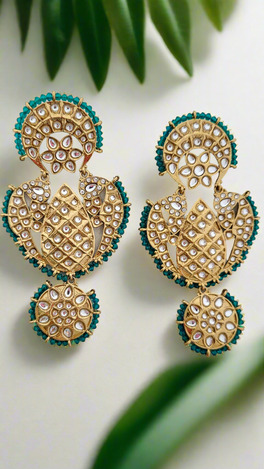 Emerald Kundan Peacock Statement Earrings
