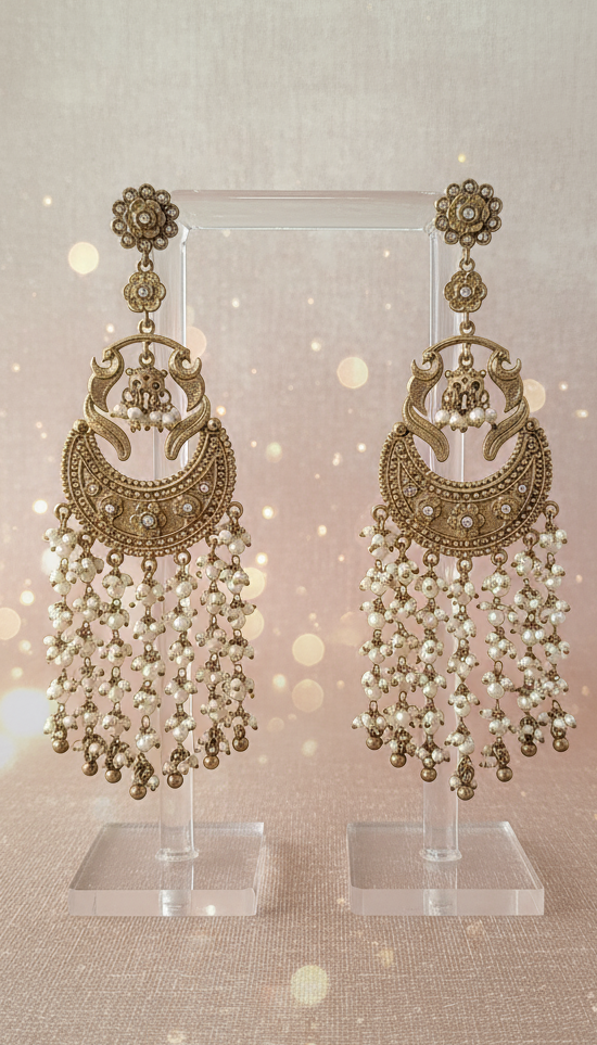 Grand Antique Gold Chaandbali Jhumka Earrings with Pearl Tassels