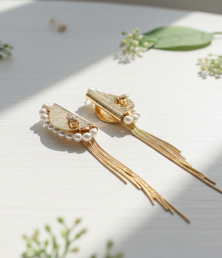 Lunar Cascade Gold & Pearl Tassel Earrings