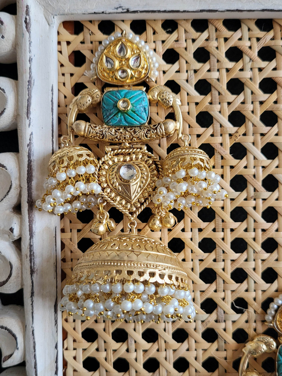 Gold-Toned Big Dome Jhumka Earrings with Turquoise Accents and Pearl Drops. - Mirae 