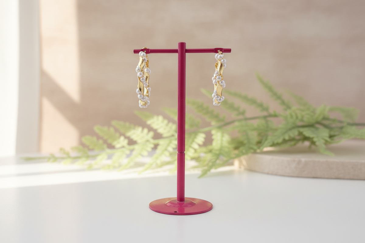 Twisted Gold Pearl Hoops