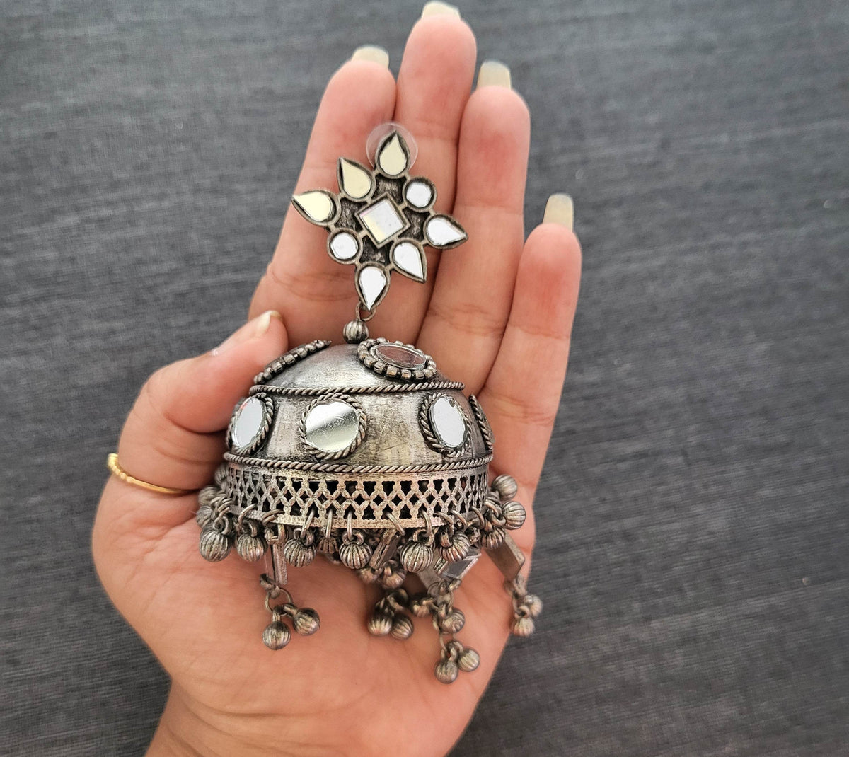 Oxidized extra large Jhumkha with mirror detail earrings - Mirae 