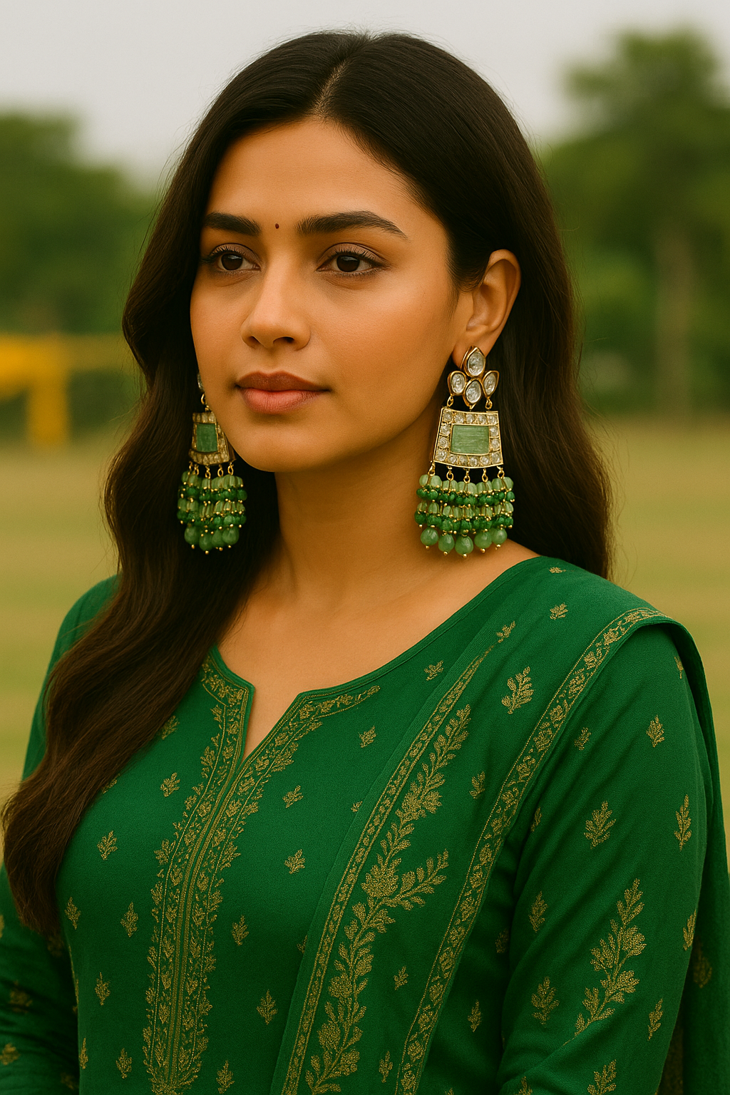 ANTIQUE GOLD PLATED WITH GREEN CRYSTALS & BEADS DANGLER EARRINGS