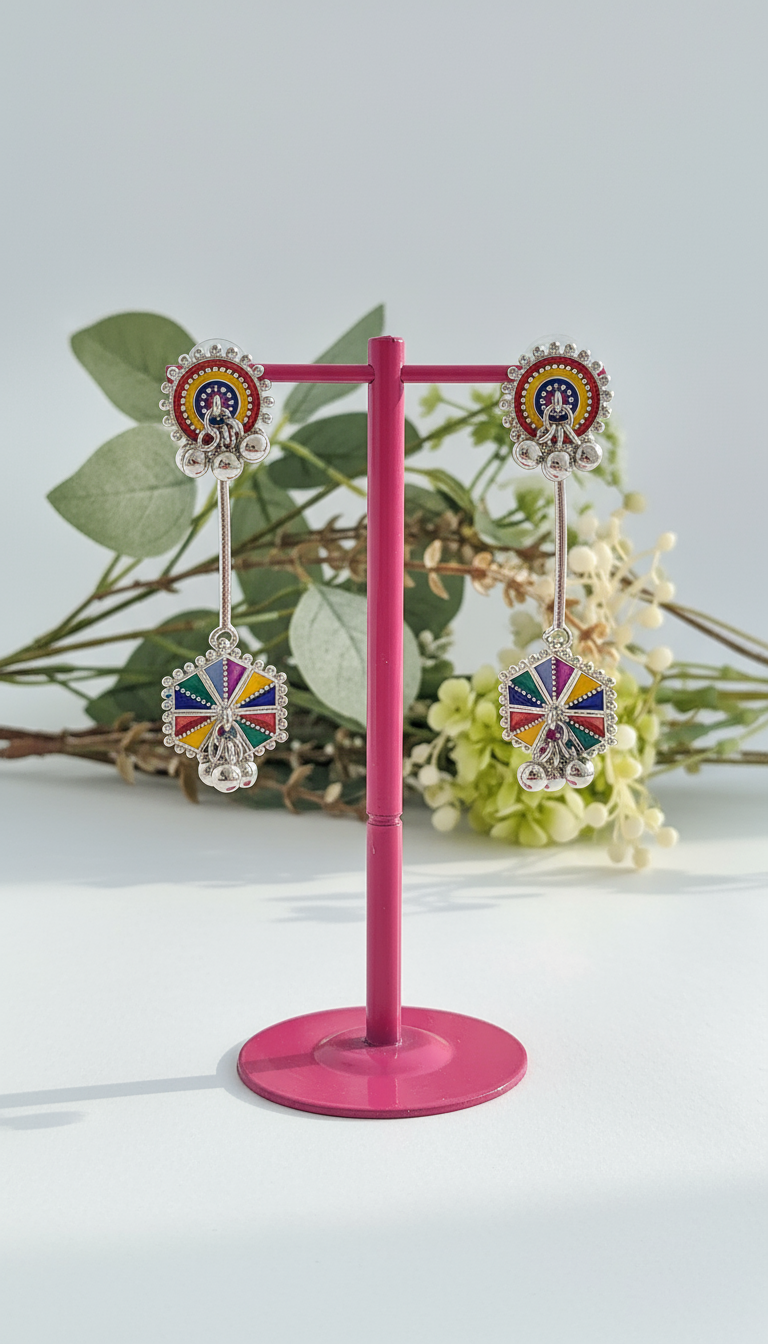 Vibrant Enamel Hexagon Drop Earrings with Ghungroos