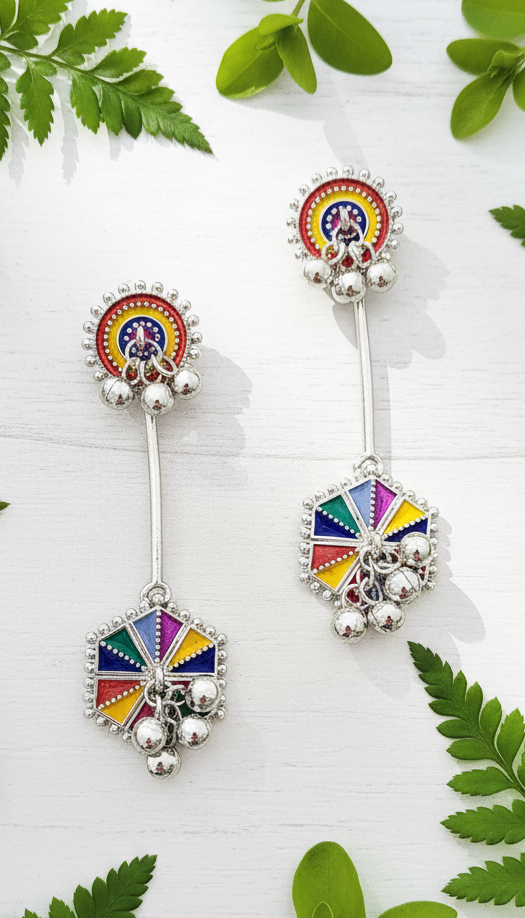 Vibrant Enamel Hexagon Drop Earrings with Ghungroos