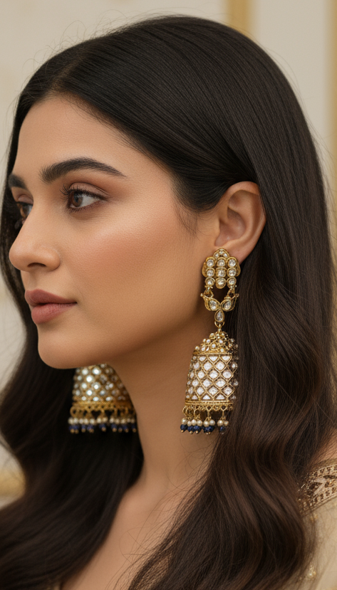 Antique gold polki stone jhumkas.