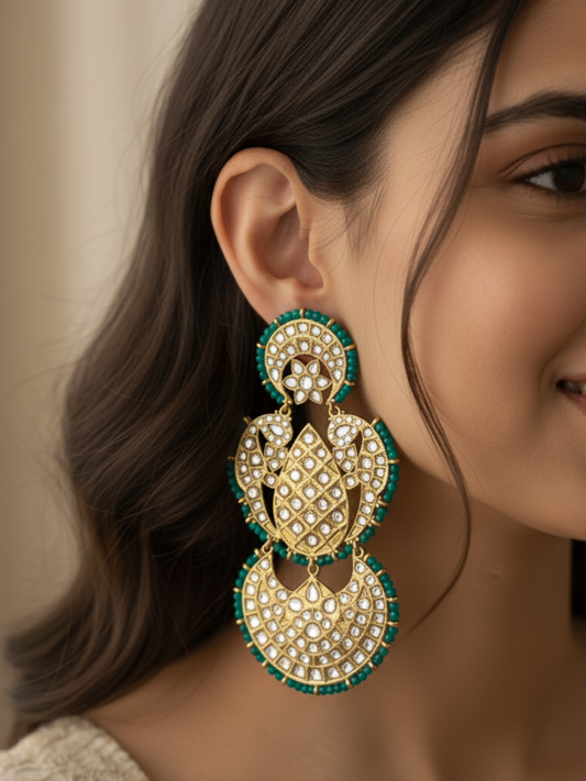 Emerald Kundan Peacock Statement Earrings