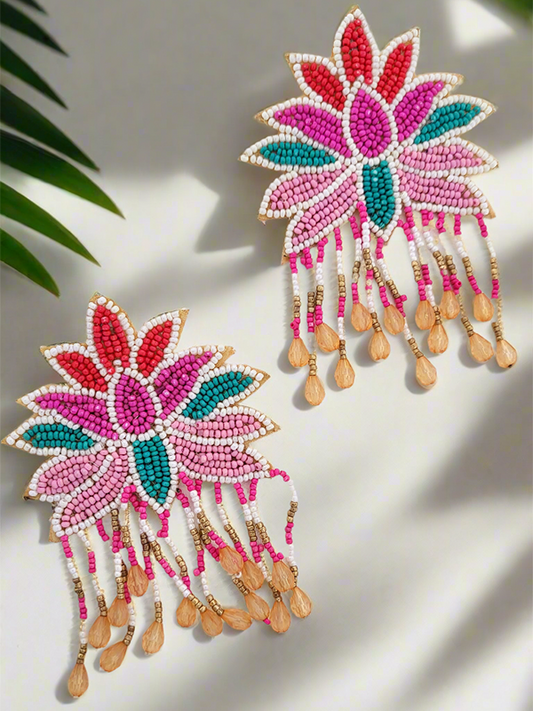 Lotus Flower Beaded Dangle Earrings with Pink Drop Beads
