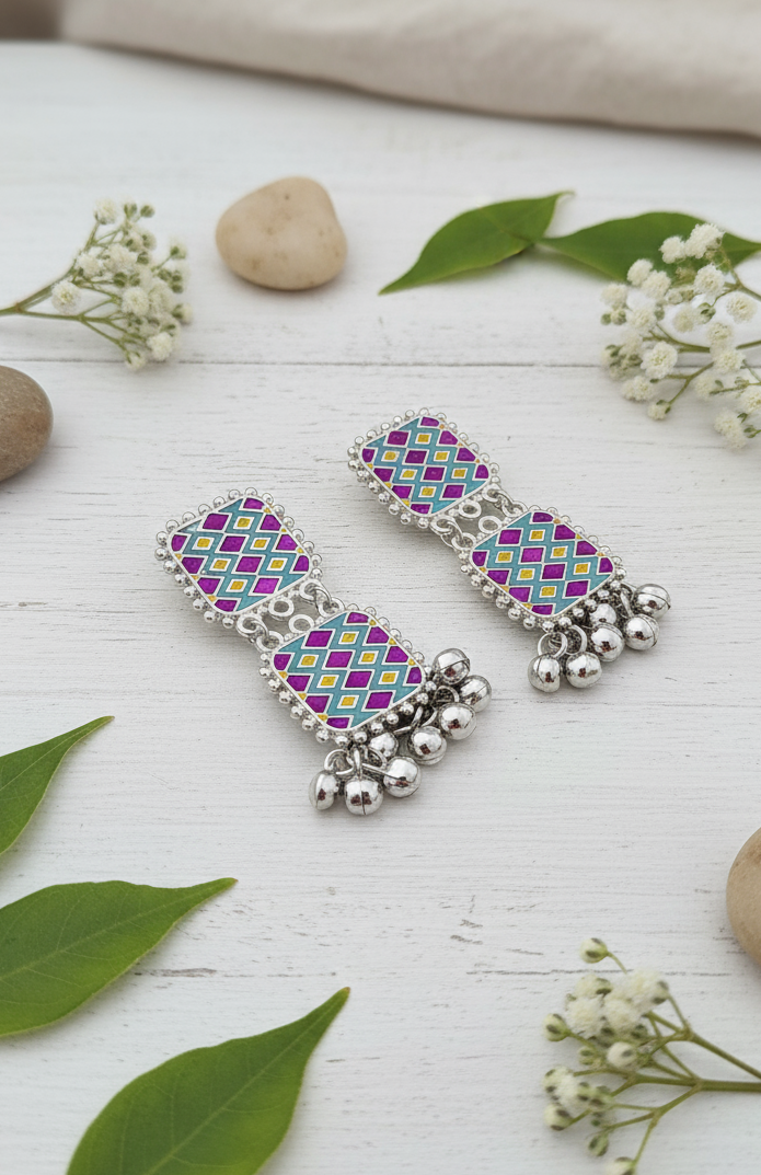 Oxidized Silver & Pink-Teal Meenakari Jhumki Drops