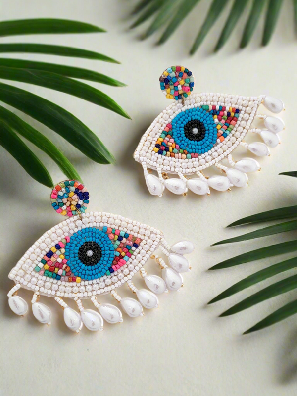 Evil Eye Beaded Dangle Earrings with Pearl Drops
