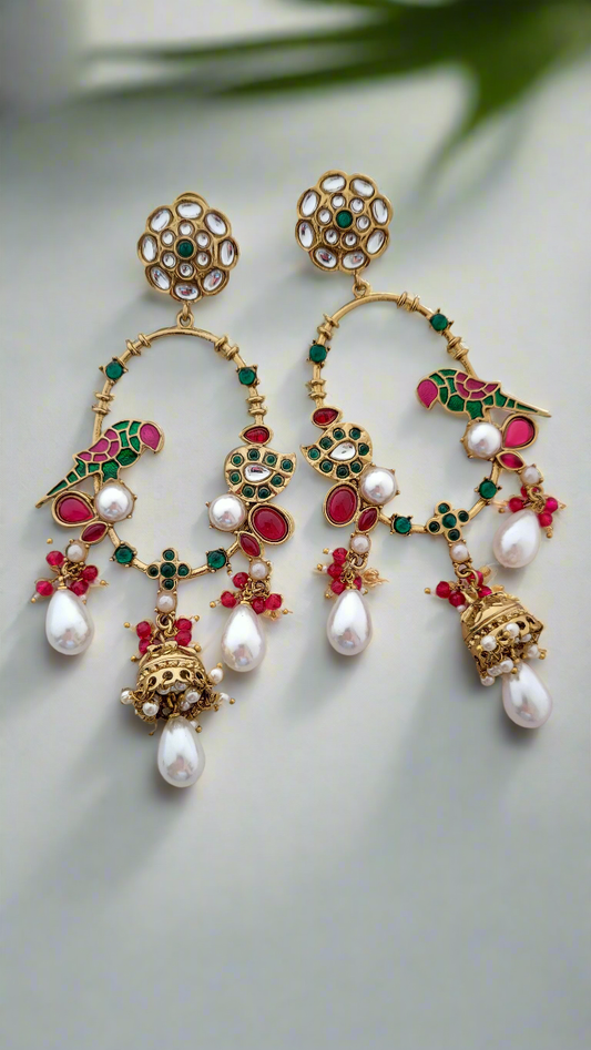 Regal Polki & Meenakari Chandelier Pearl Earrings