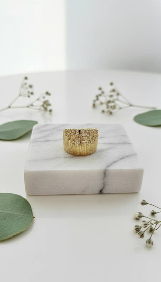 Golden Cascade Crystal Wide Band Ring