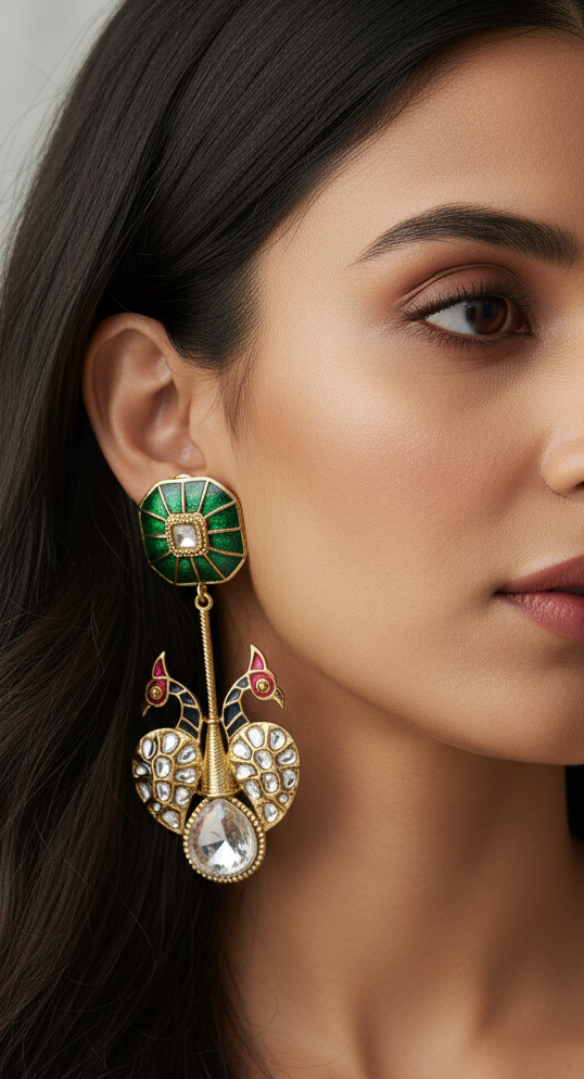 Meenakari Peacock & Polki Stone Dangle Earrings