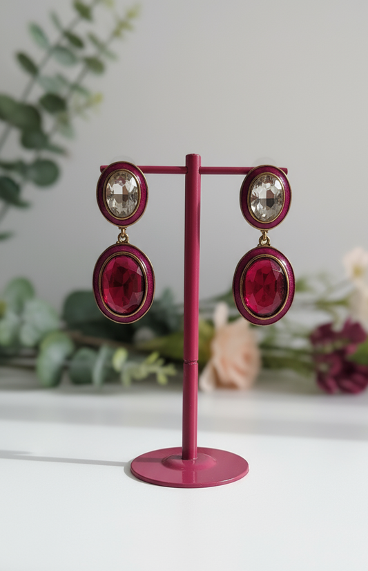Bold Ruby Red & Crystal Fuchsia Enamel Drop Earrings