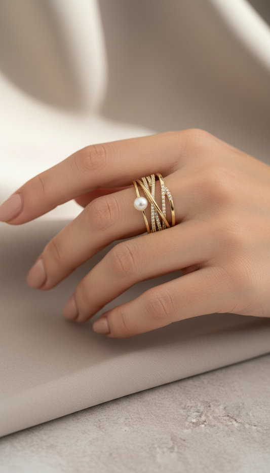The Chic Layered Pavé Pearl Cuff Ring
