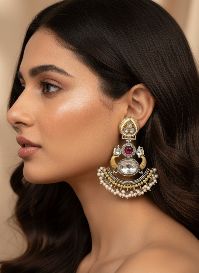 Two tone earrings with stone and pearl