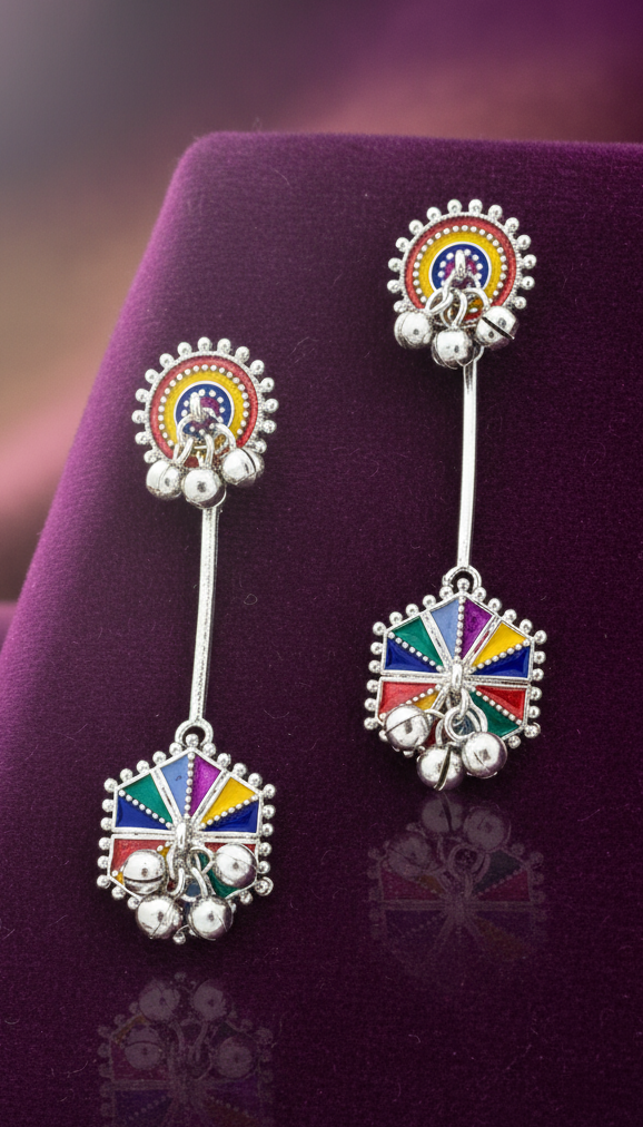 Vibrant Enamel Hexagon Drop Earrings with Ghungroos