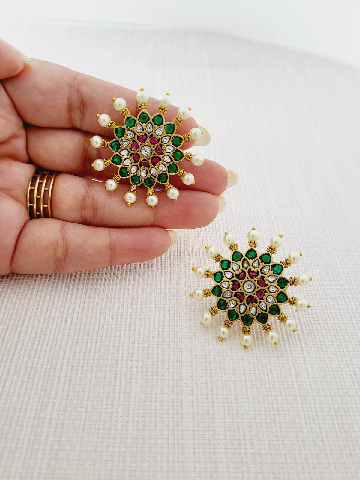 Polki-Style Floral Pearl Stud Earrings - Mirae 