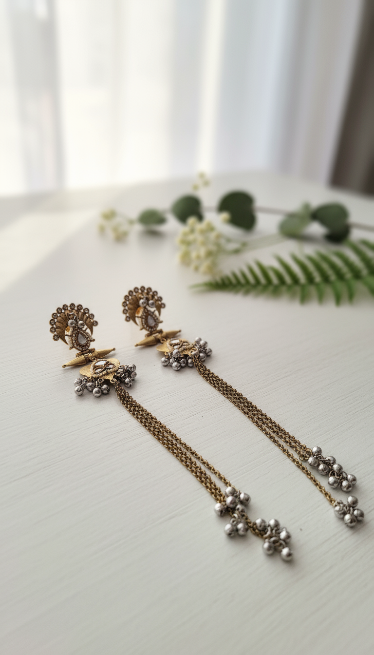 Grand Antique Gold Polki & Ghungroo Chain Drop Earrings