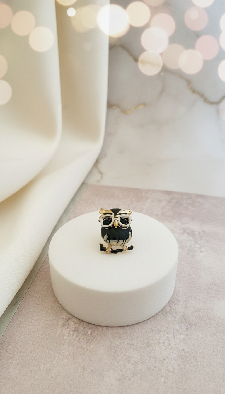 "Wise Owl" Enamel & Crystal Glasses Brooch
