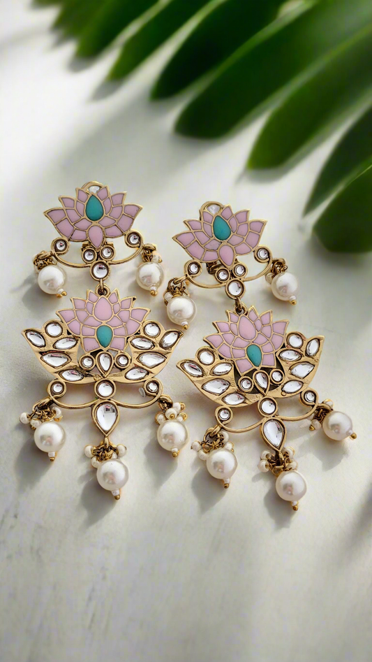 Pink Lotus Kundan Pearl Drop Earrings
