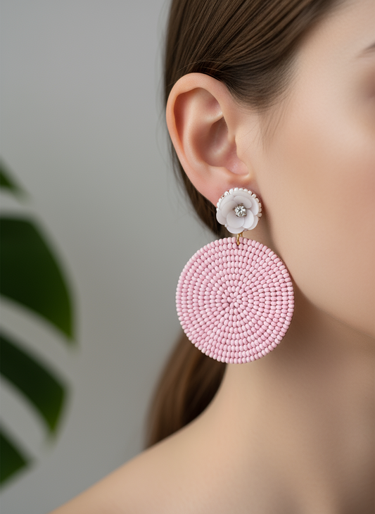 Beaded Circle Earrings with White Flower Accents