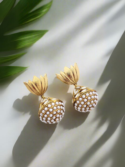 Golden Lotus Pearl Dome Earrings.