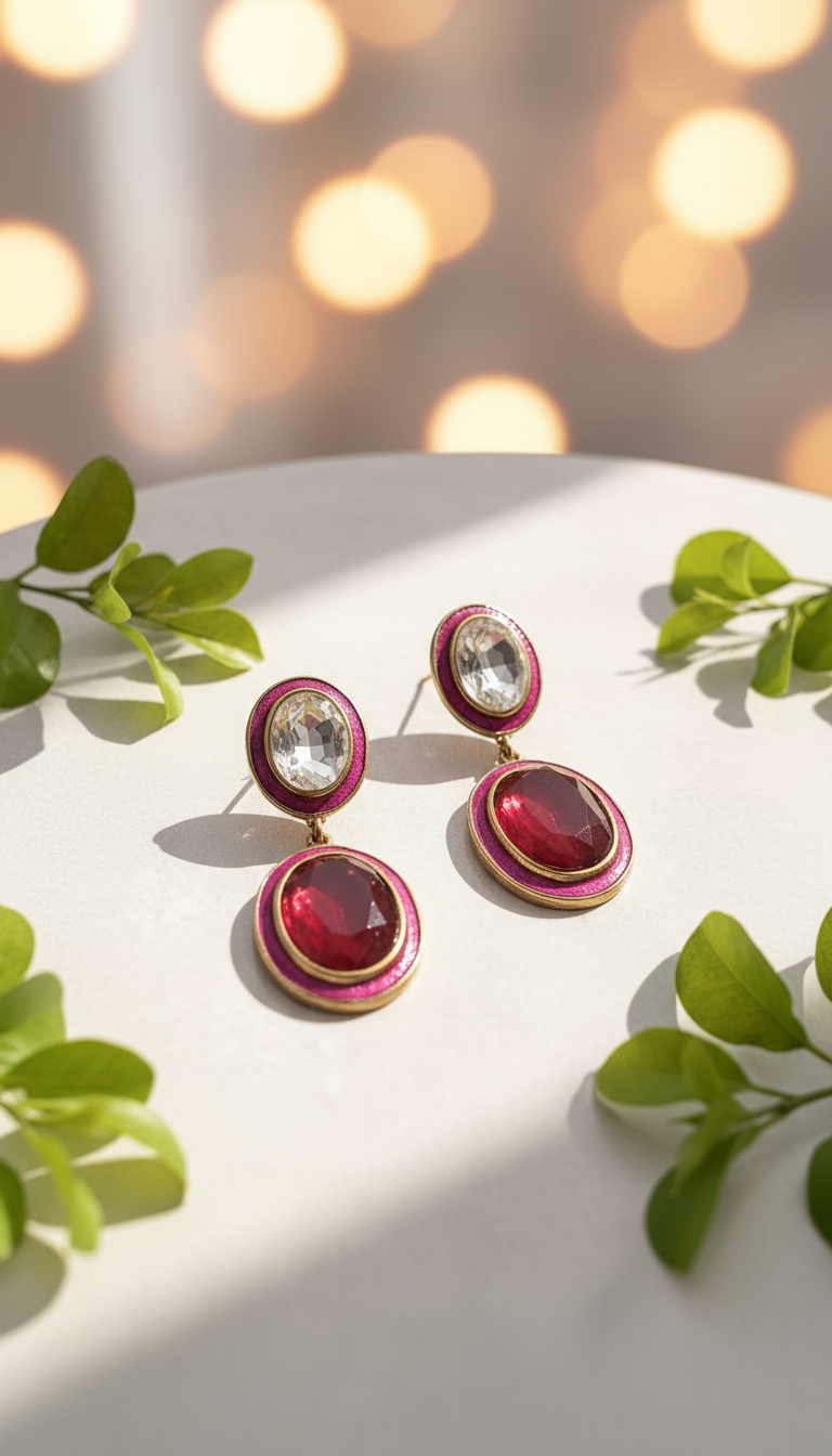 Bold Ruby Red & Crystal Fuchsia Enamel Drop Earrings