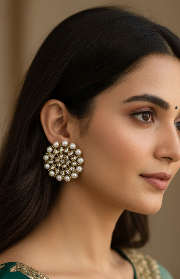 Floral Polki Stone & Pearl Stud Earrings
